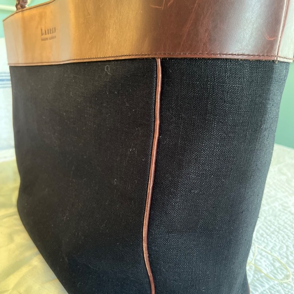 VINTAGE RALPH LAUREN LINEN LEATHER TOTE BAG - Picture 3 of 5